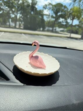 Pink Flamingo Ring Dish on White Scalloped Plate